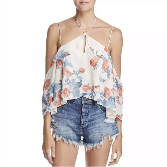 Olivaceous Tops - Floral Cold Shoulder Halter Top